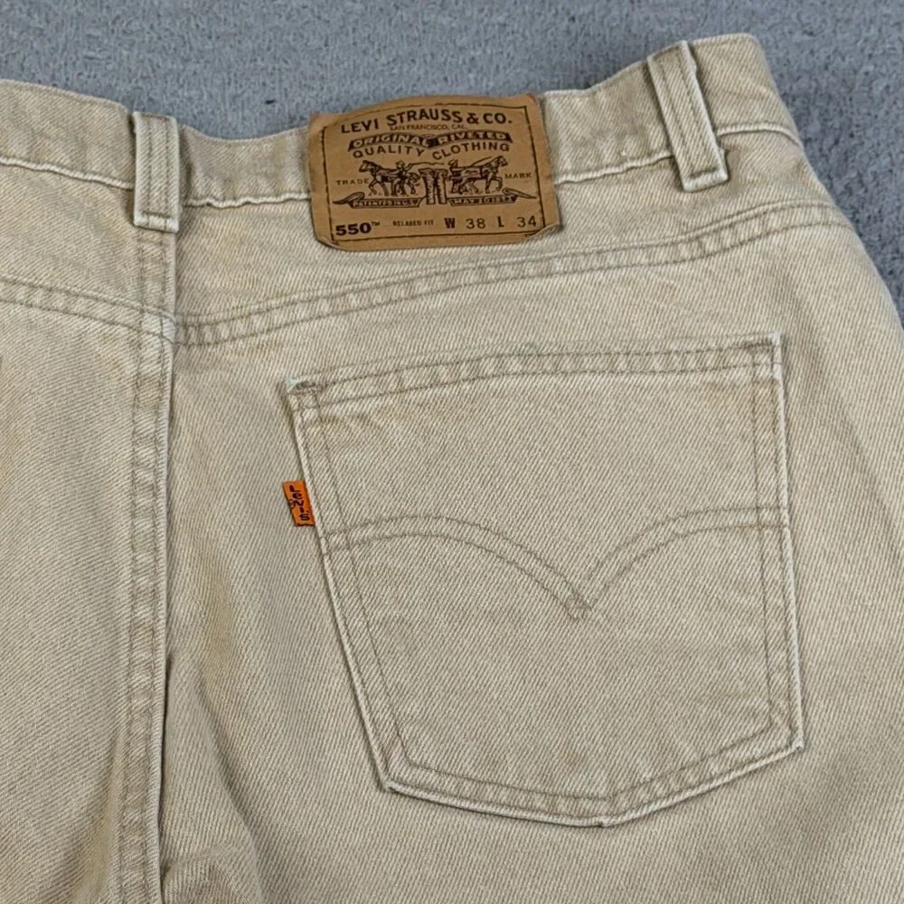 VINTAGE LEVI'S 550 Jeans Mens 38x34 Beige Orange Tab Made USA Pants Streetwear